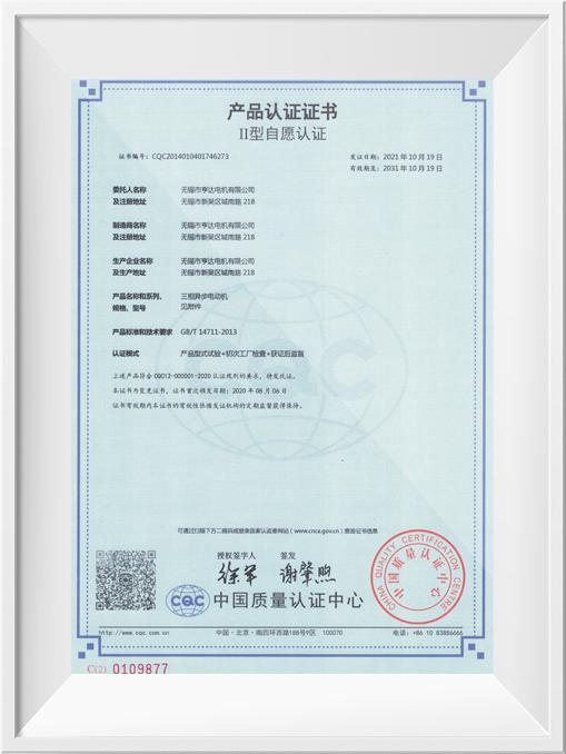 Type II voluntary certification product certification certificate-YE3