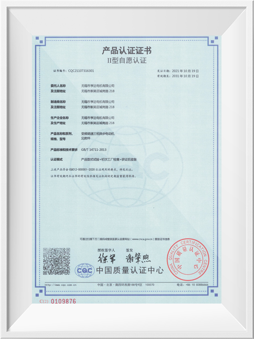 Type II voluntary certification product certification certificate - YE2VP, YE3VP, YE4VP